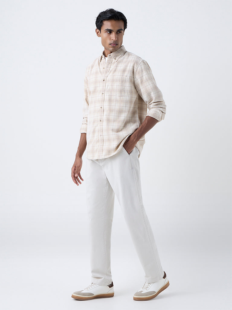 WES Casuals Cream Checks Design Relaxed-Fit Cotton Shirt