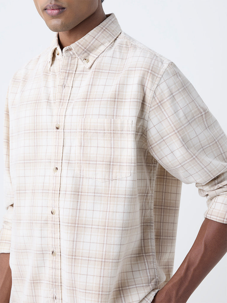 WES Casuals Cream Checks Design Relaxed-Fit Cotton Shirt
