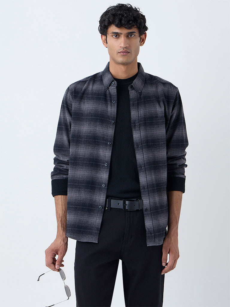 WES Casuals Grey Checks Relaxed-Fit Cotton-Blend Shirt