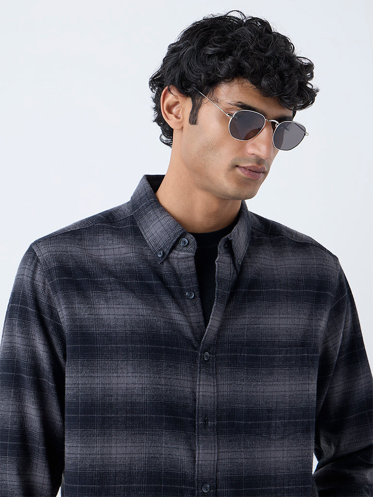WES Casuals Grey Checks Relaxed-Fit Cotton-Blend Shirt