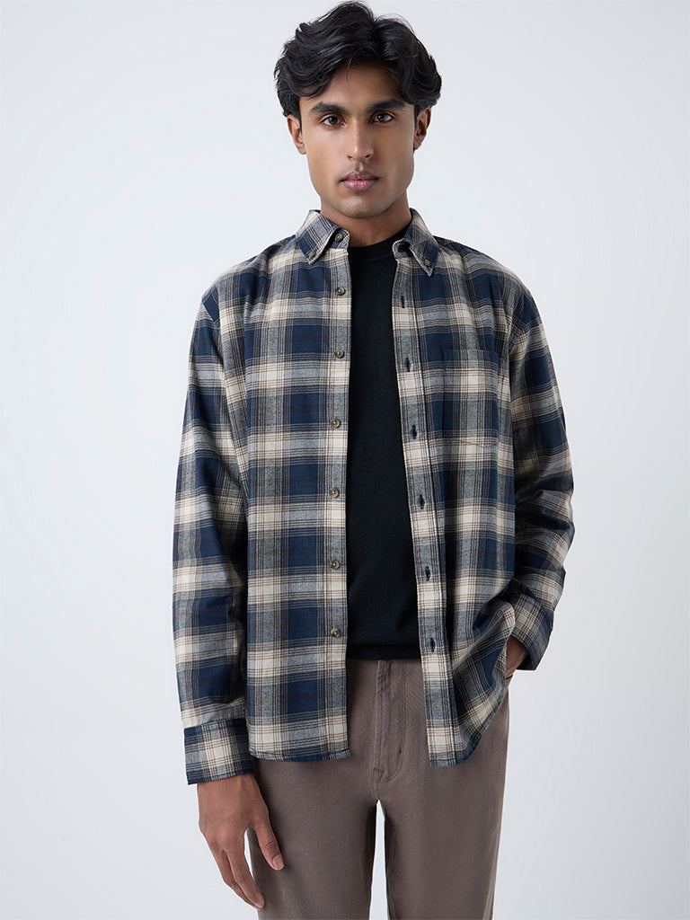 WES Casuals Navy Checkered Relaxed-Fit Cotton Shirt