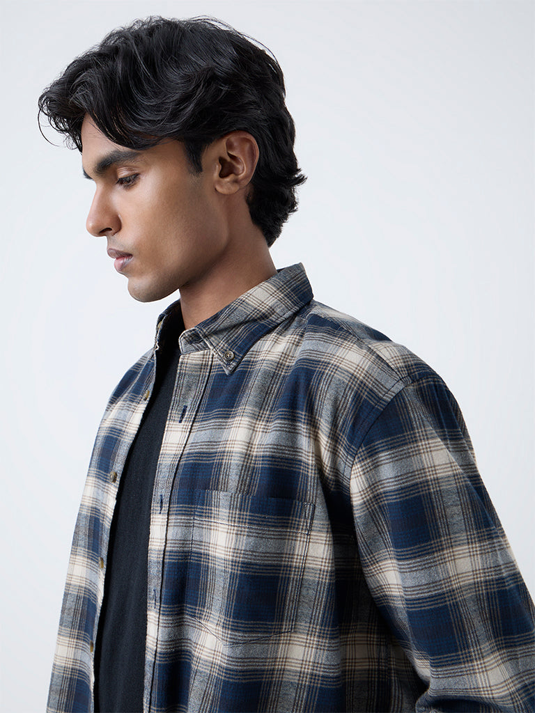 WES Casuals Navy Checkered Relaxed-Fit Cotton Shirt