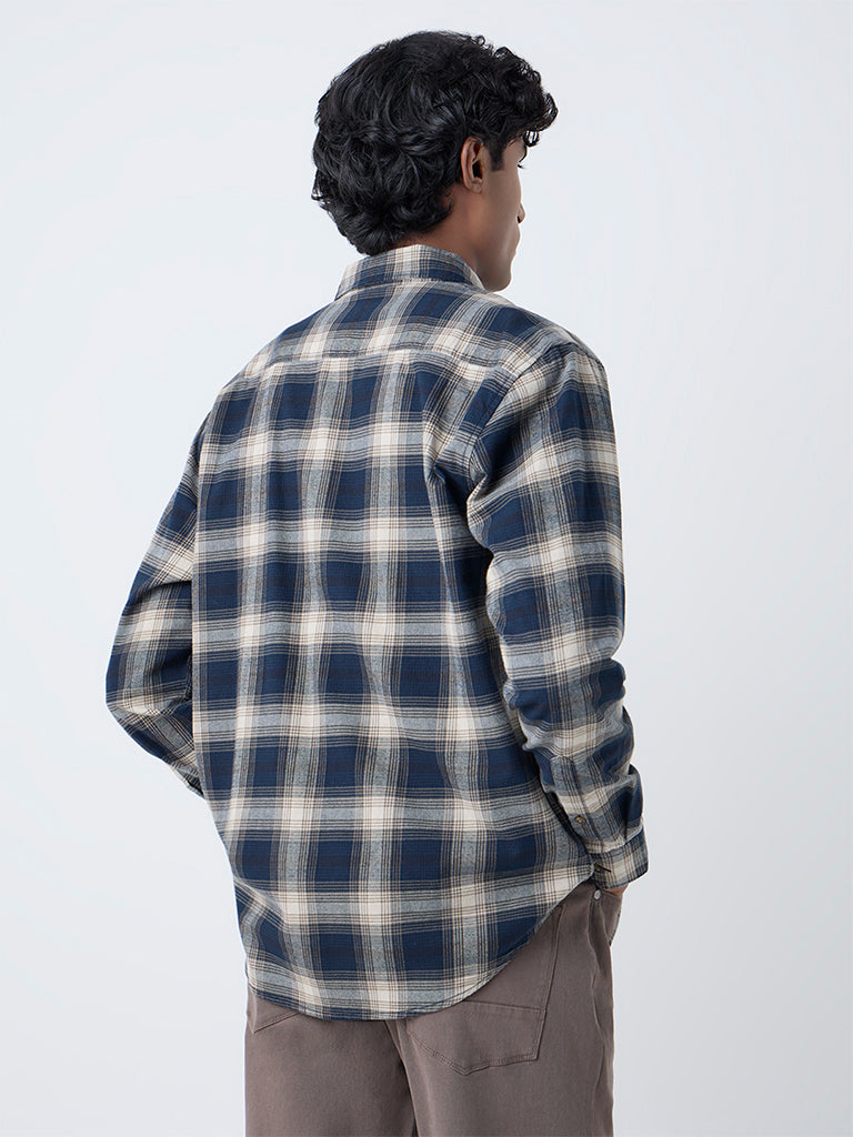 WES Casuals Navy Checkered Relaxed-Fit Cotton Shirt