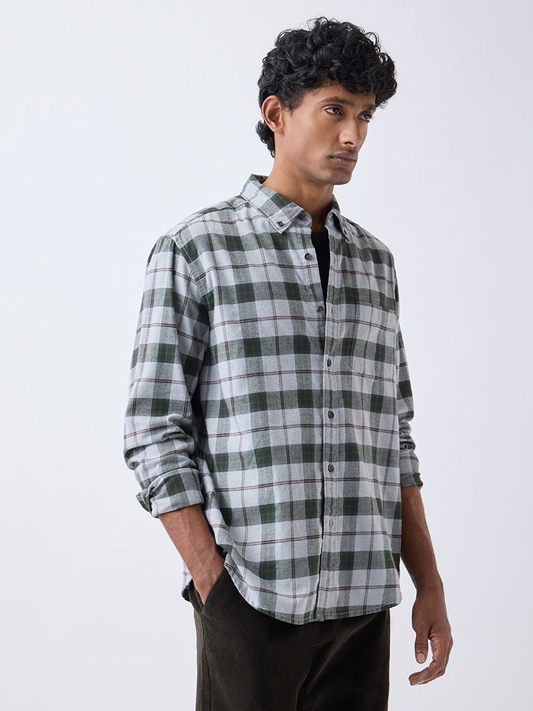 WES Casuals Grey Checks Design Relaxed-Fit Cotton-Blend Shirt