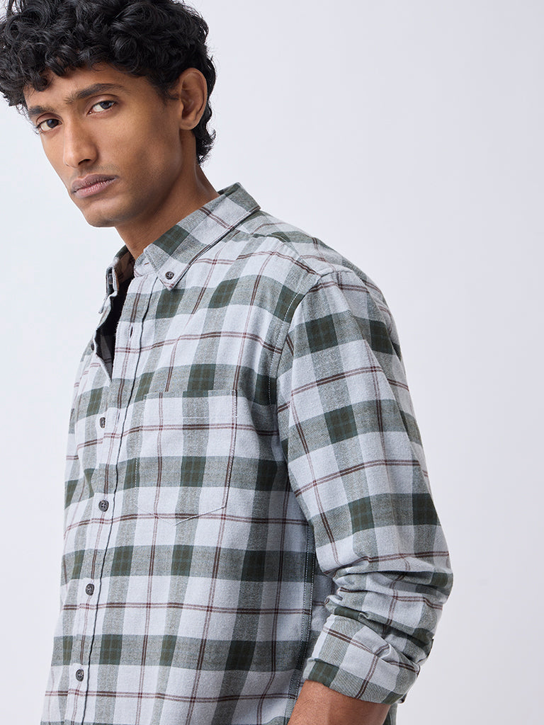 WES Casuals Grey Checks Design Relaxed-Fit Cotton-Blend Shirt