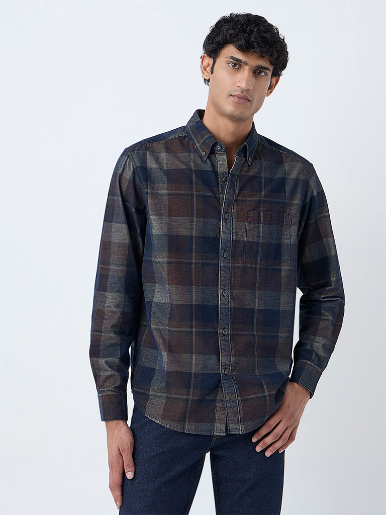WES Casuals Brown Checkered Relaxed-Fit Cotton-Blend Shirt