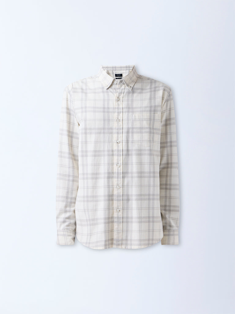 WES Casuals Off-White Checkered Relaxed-Fit Cotton-Blend Shirt