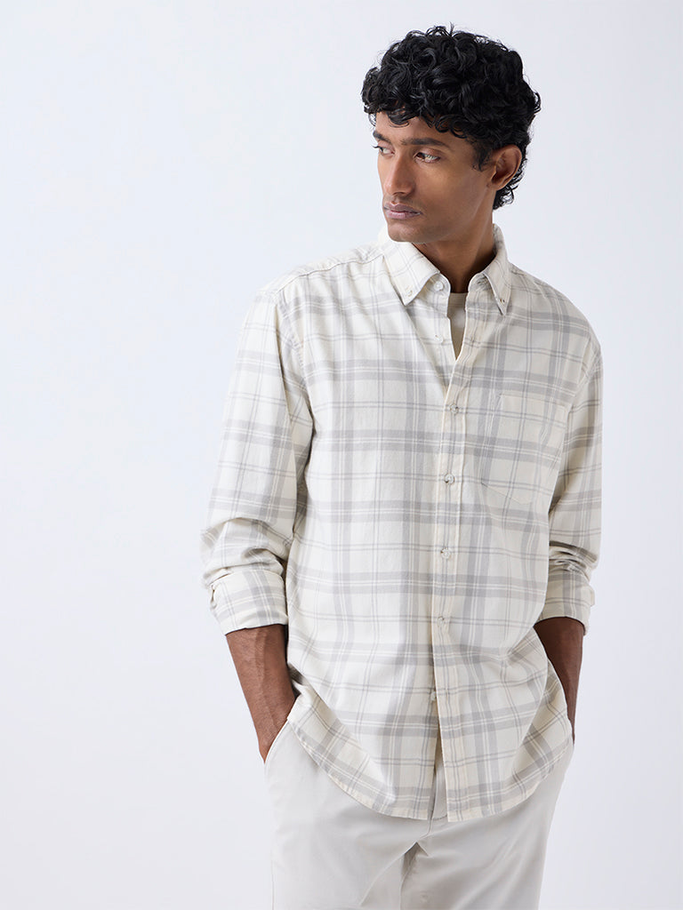 WES Casuals Off-White Checkered Relaxed-Fit Cotton-Blend Shirt