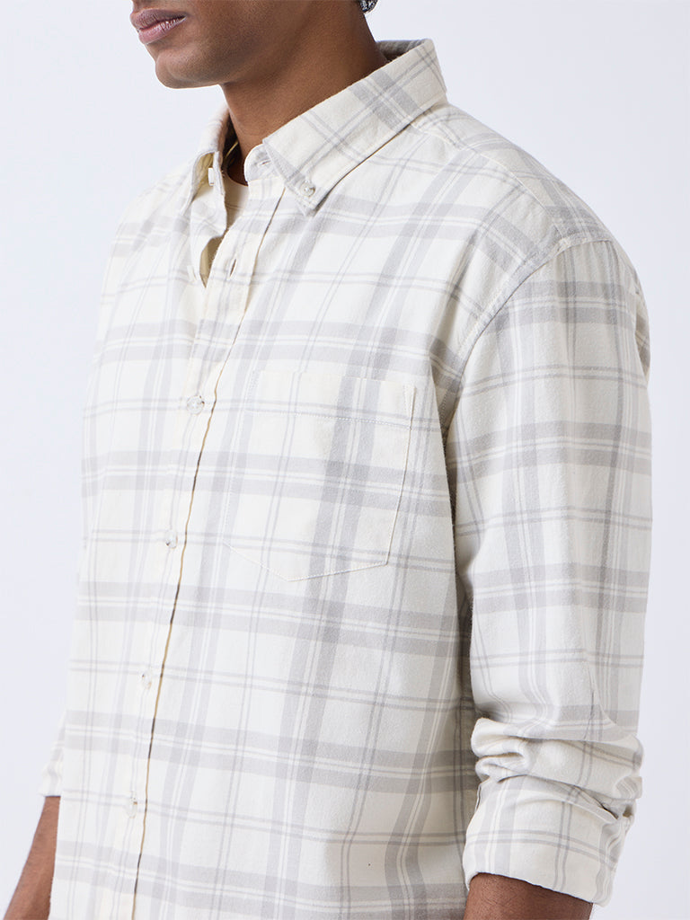 WES Casuals Off-White Checkered Relaxed-Fit Cotton-Blend Shirt