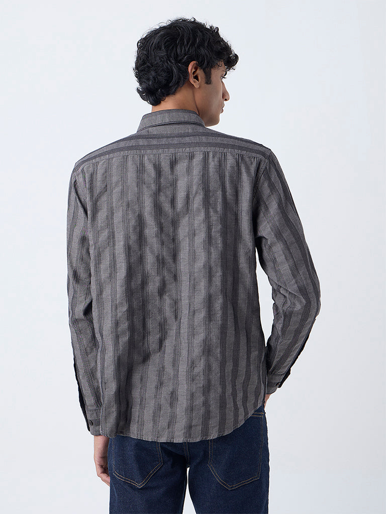 WES Casuals Charcoal Striped Relaxed-Fit Cotton Shirt