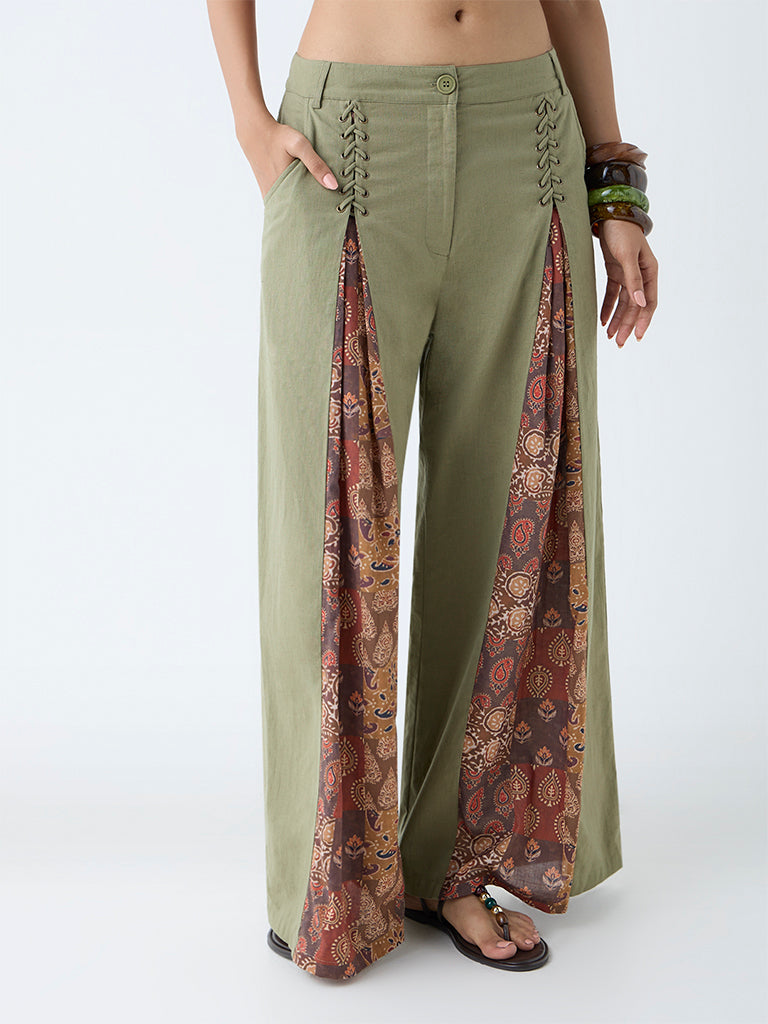 Bombay Paisley Olive Printed Cotton-Blend Pants