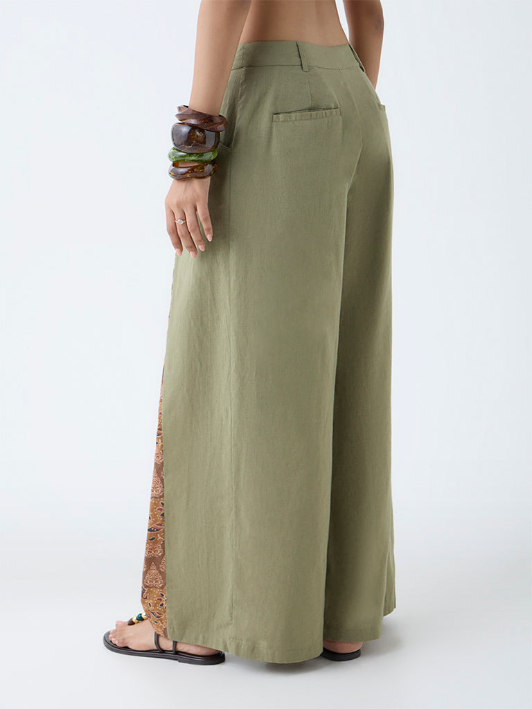 Bombay Paisley Olive Printed Cotton-Blend Pants