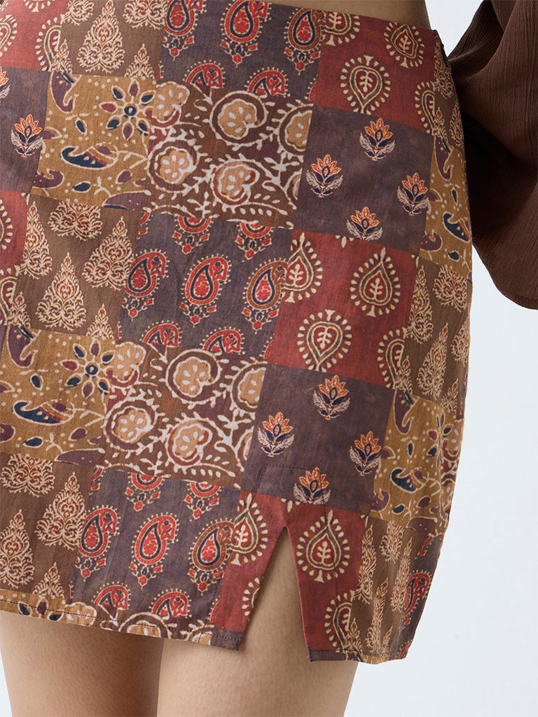 Bombay Paisley Brown Printed Cotton Skirt