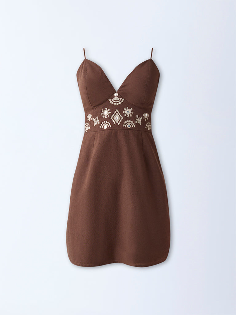 Bombay Paisley Brown Embroidered Cotton-Blend A-Line Dress