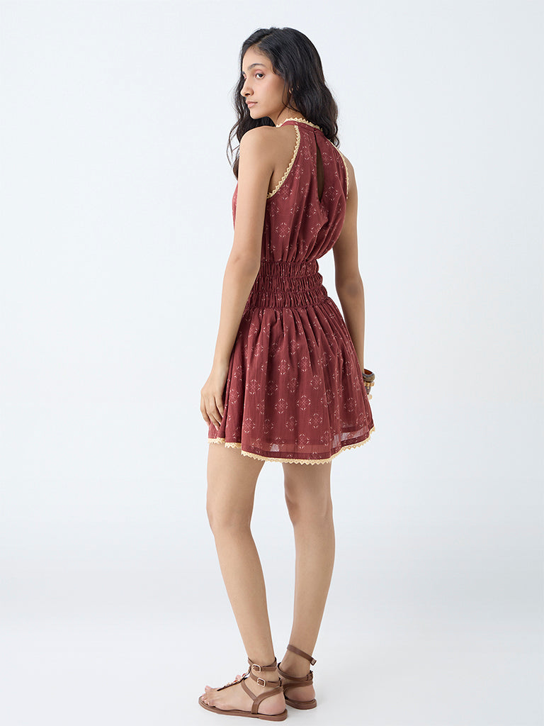 Bombay Paisley Red Printed Halter-Neck Cotton A-Line Dress