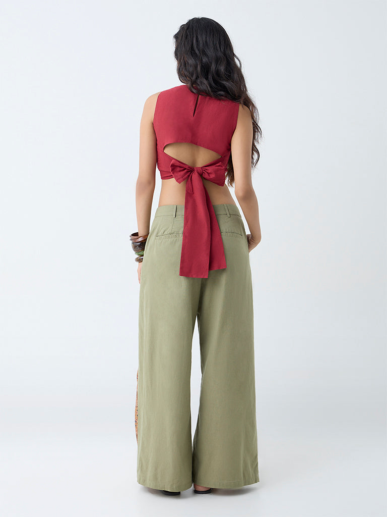 Bombay Paisley Maroon Embroidered Cotton-Blend Crop Top