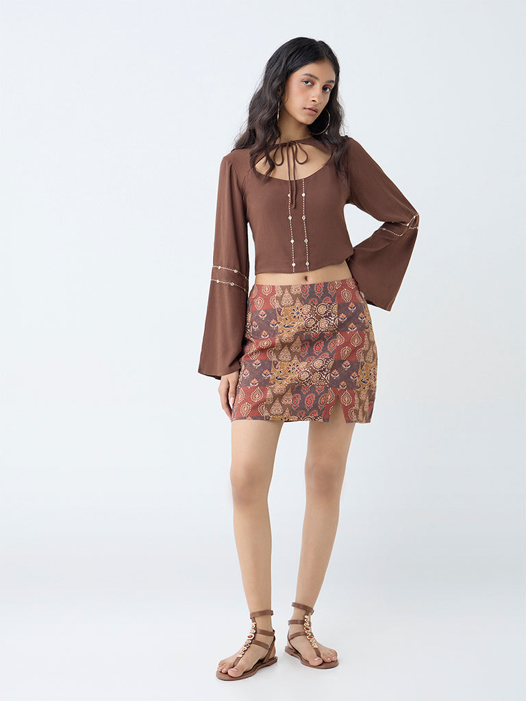 Bombay Paisley Brown Cut-Out Detailed Top