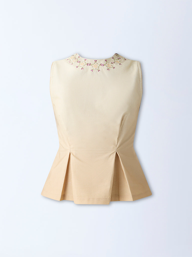 Bombay Paisley Beige Embroidered Cotton Peplum Top