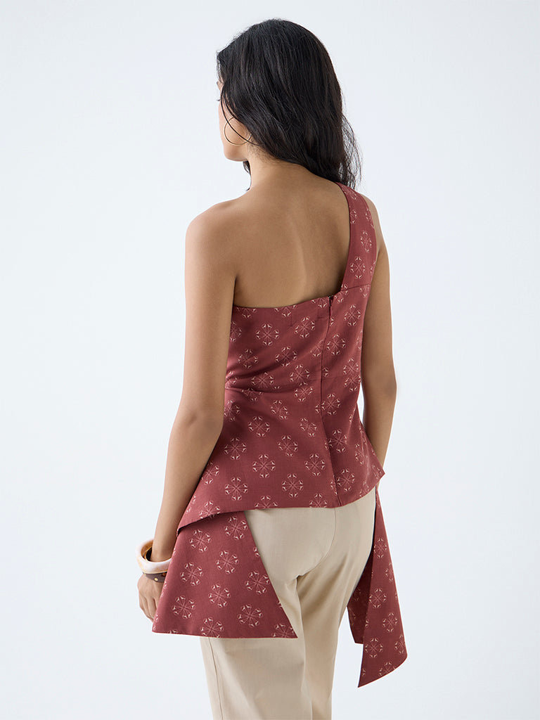 Bombay Paisley Red Floral Design One-Shoulder Cotton Top