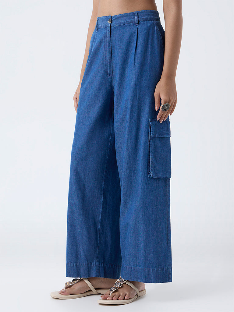 Utsa Blue Cargo-Style Denim Ethnic Pants
