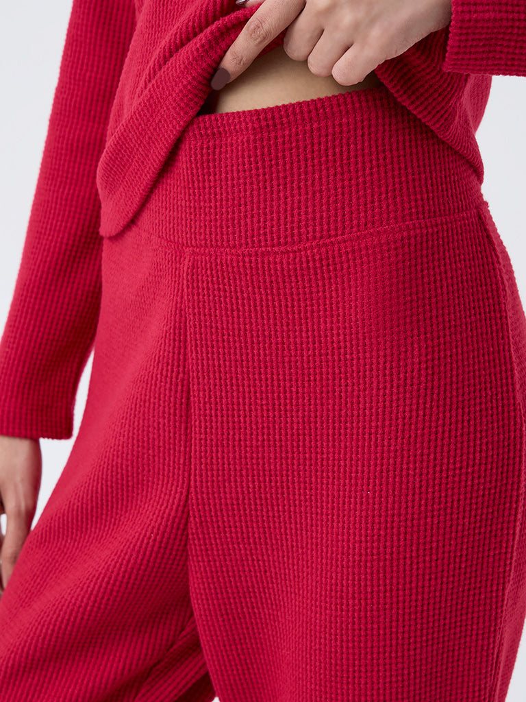 Superstar Red Waffle-Textured Flared Pants
