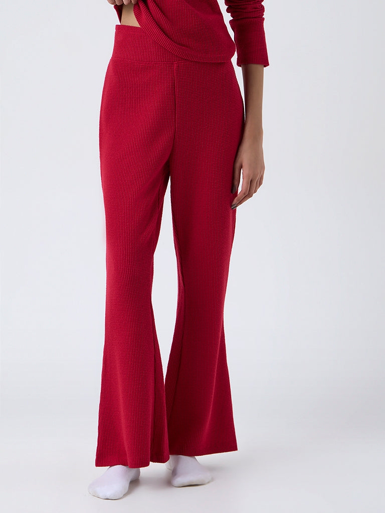 Superstar Red Waffle-Textured Flared Pants
