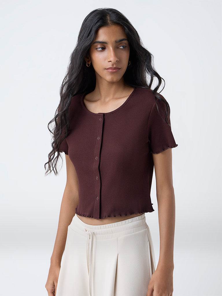 Superstar Dark Brown Ribbed Cotton-Blend Top