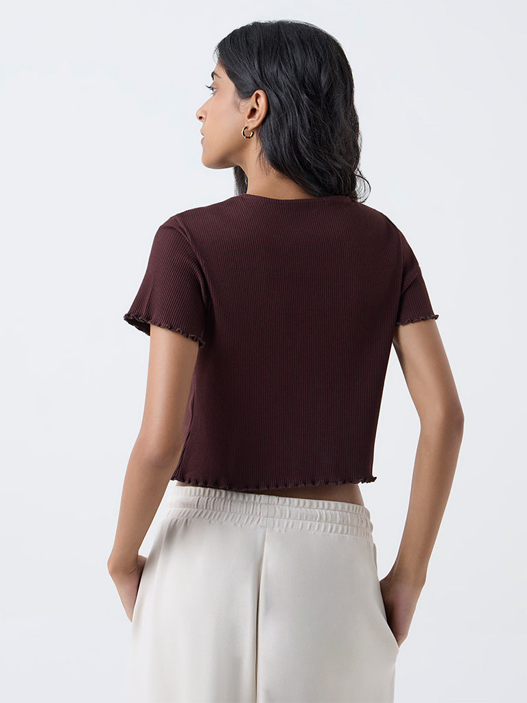 Superstar Dark Brown Ribbed Cotton-Blend Top