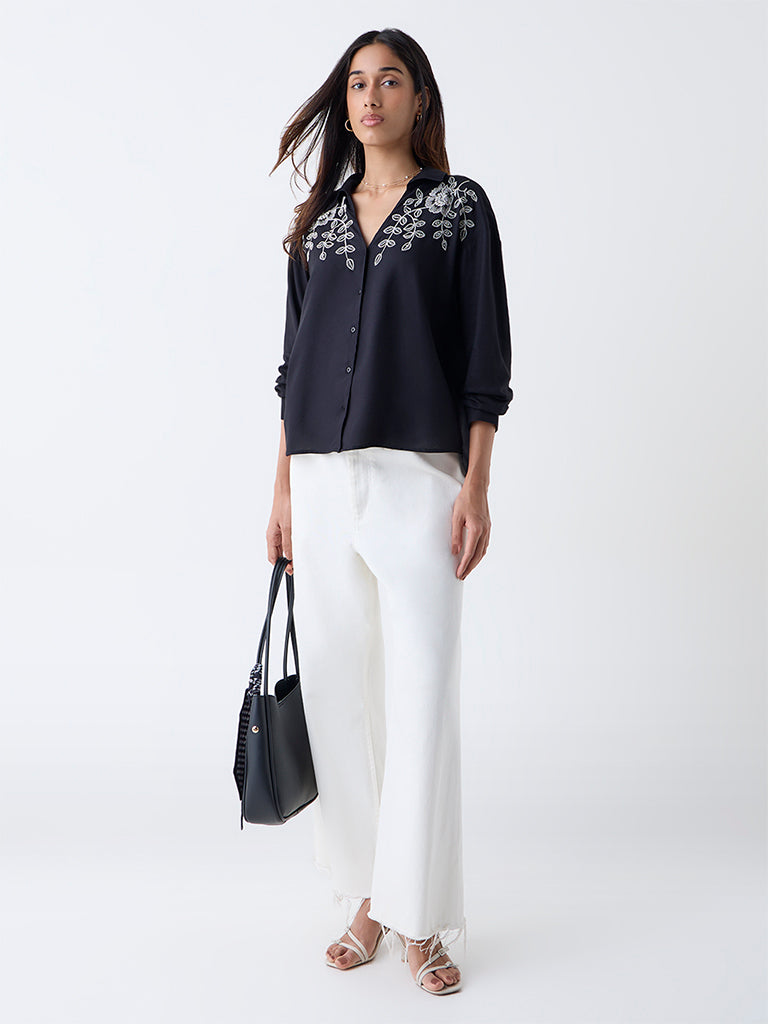 LOV Black High-Low Embroidered Blouse