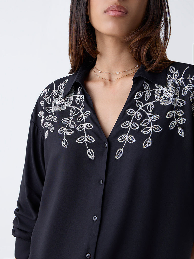LOV Black High-Low Embroidered Blouse