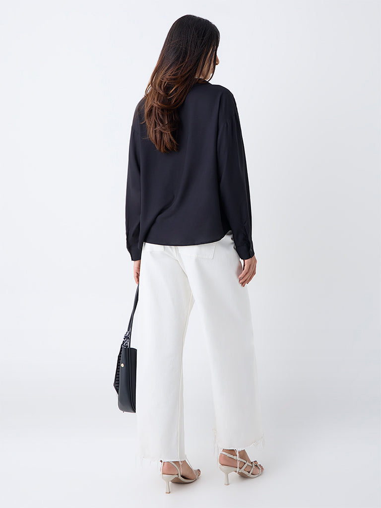 LOV Black High-Low Embroidered Blouse