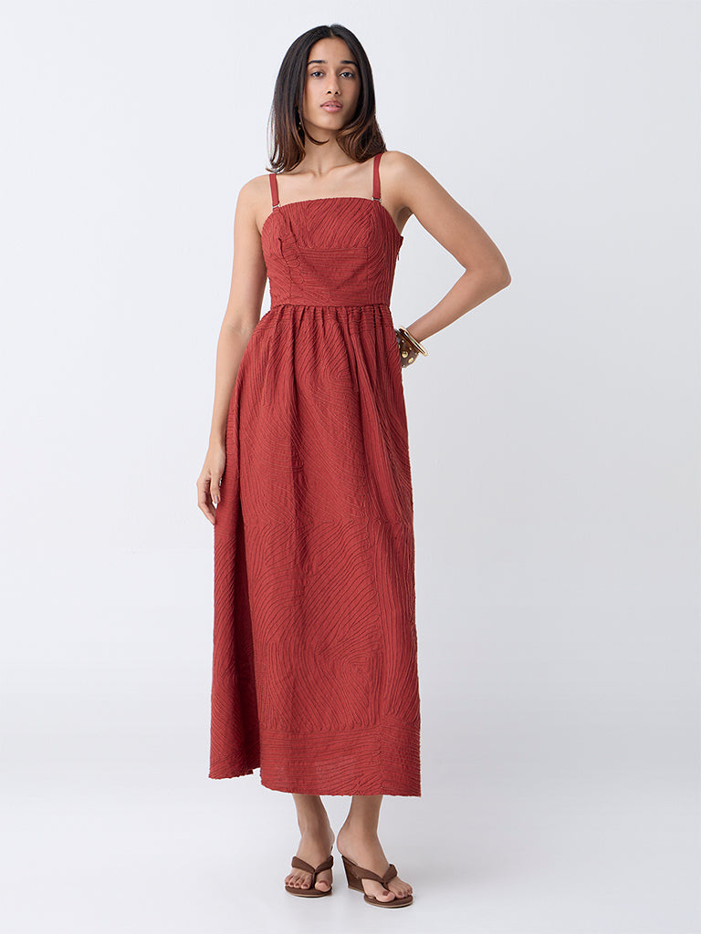 LOV Dark Rust Embroidered A-Line Dress