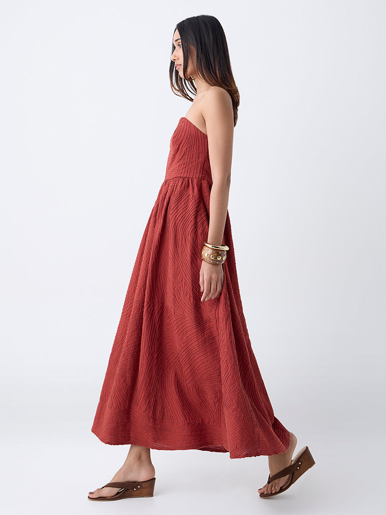 LOV Dark Rust Embroidered A-Line Dress
