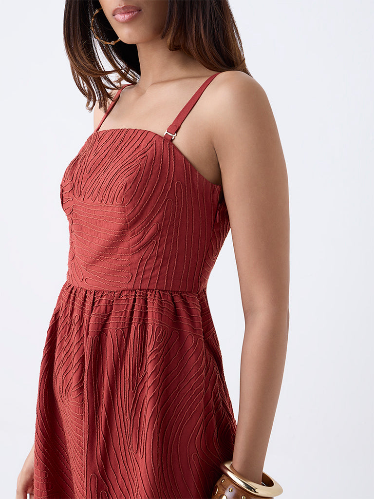 LOV Dark Rust Embroidered A-Line Dress