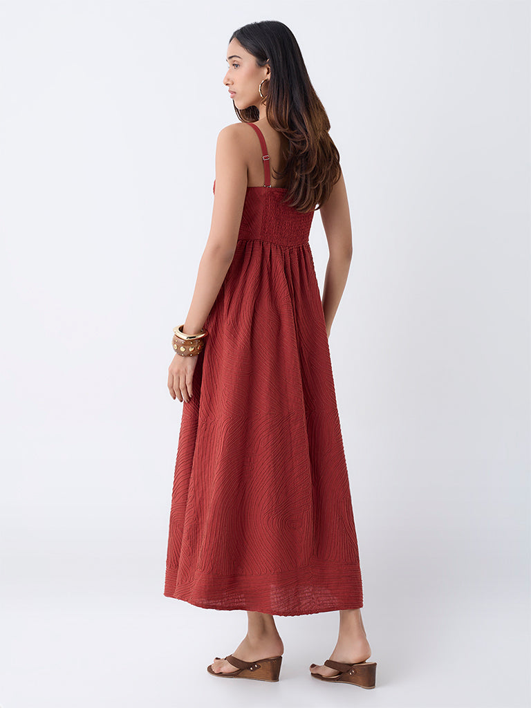 LOV Dark Rust Embroidered A-Line Dress