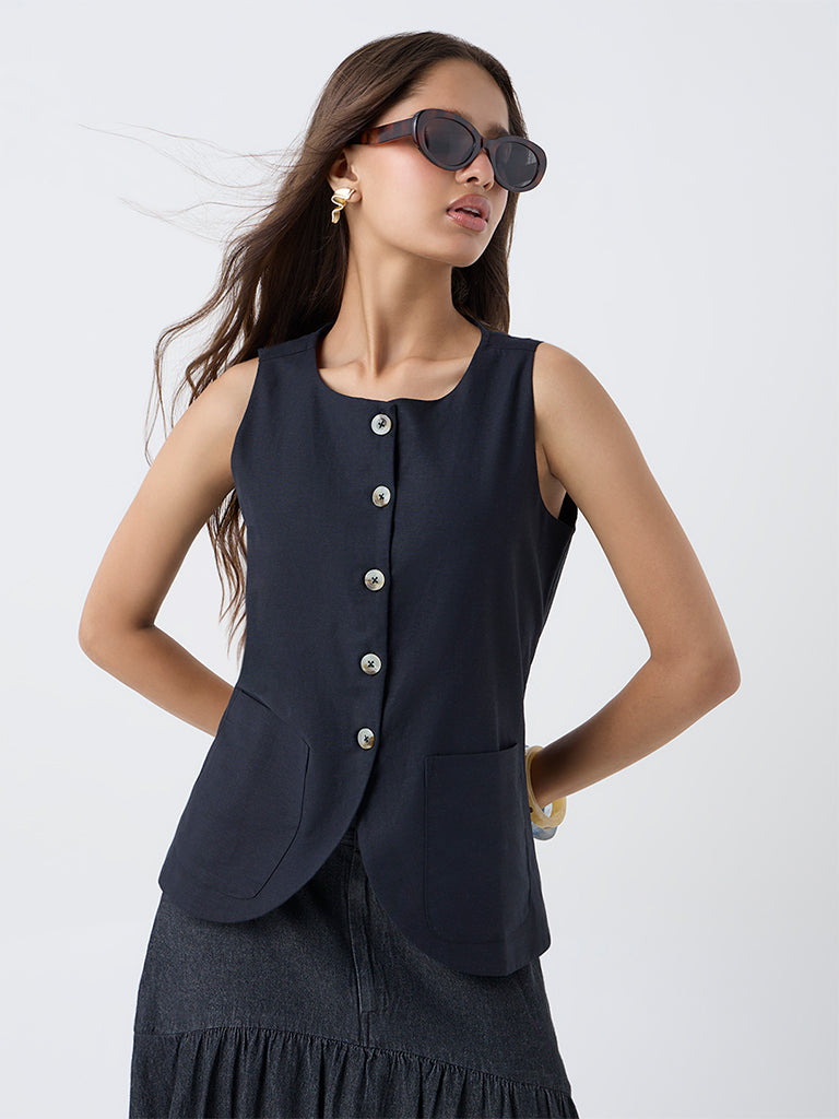 LOV Black Cotton-Blend Waistcoat