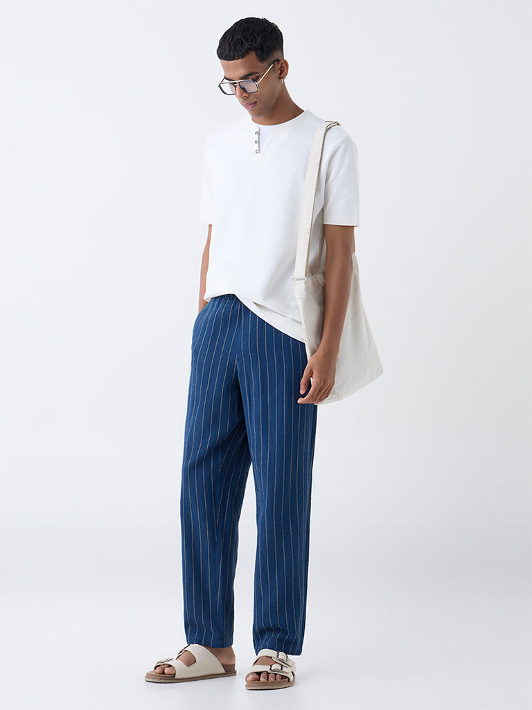 ETA Indigo Pinstriped Relaxed-Fit Mid-Rise Cotton Trousers