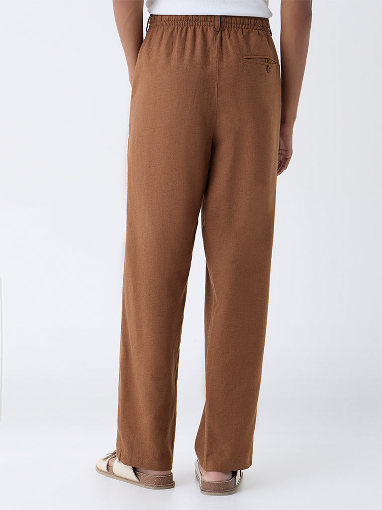 ETA Brown Solid Relaxed-Fit Mid-Rise Cotton-Blend Chinos