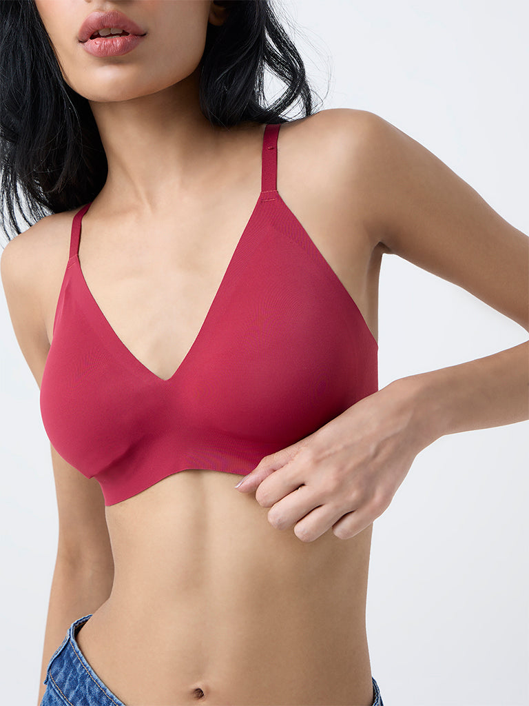 Superstar Red Invisible Padded Cotton-Blend Triangle Bra
