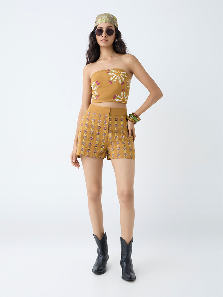 Bombay Paisley Mustard Embroidered Cotton-Blend Tube Top