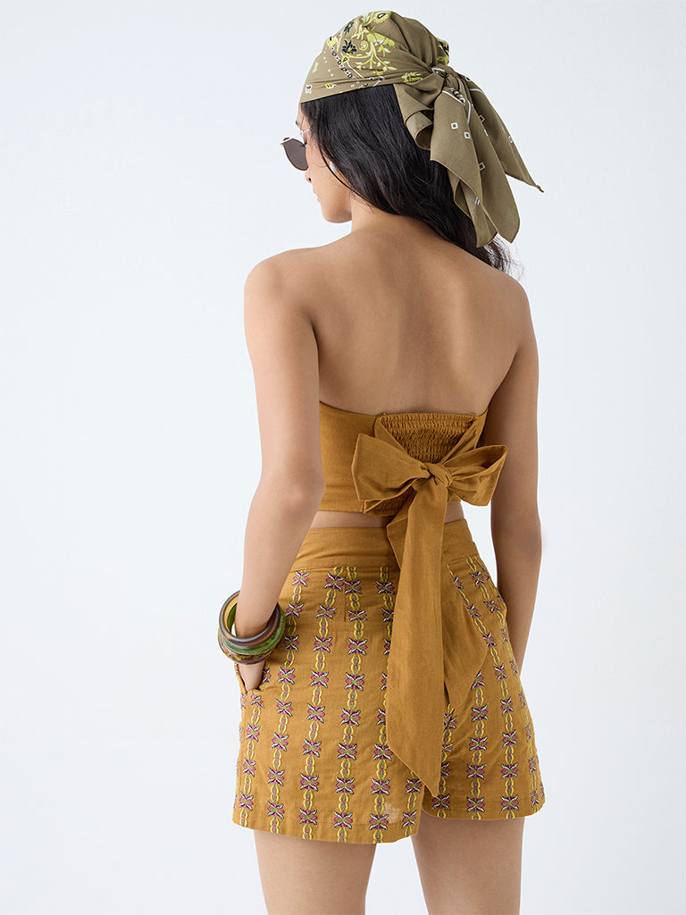 Bombay Paisley Mustard Embroidered Cotton-Blend Tube Top