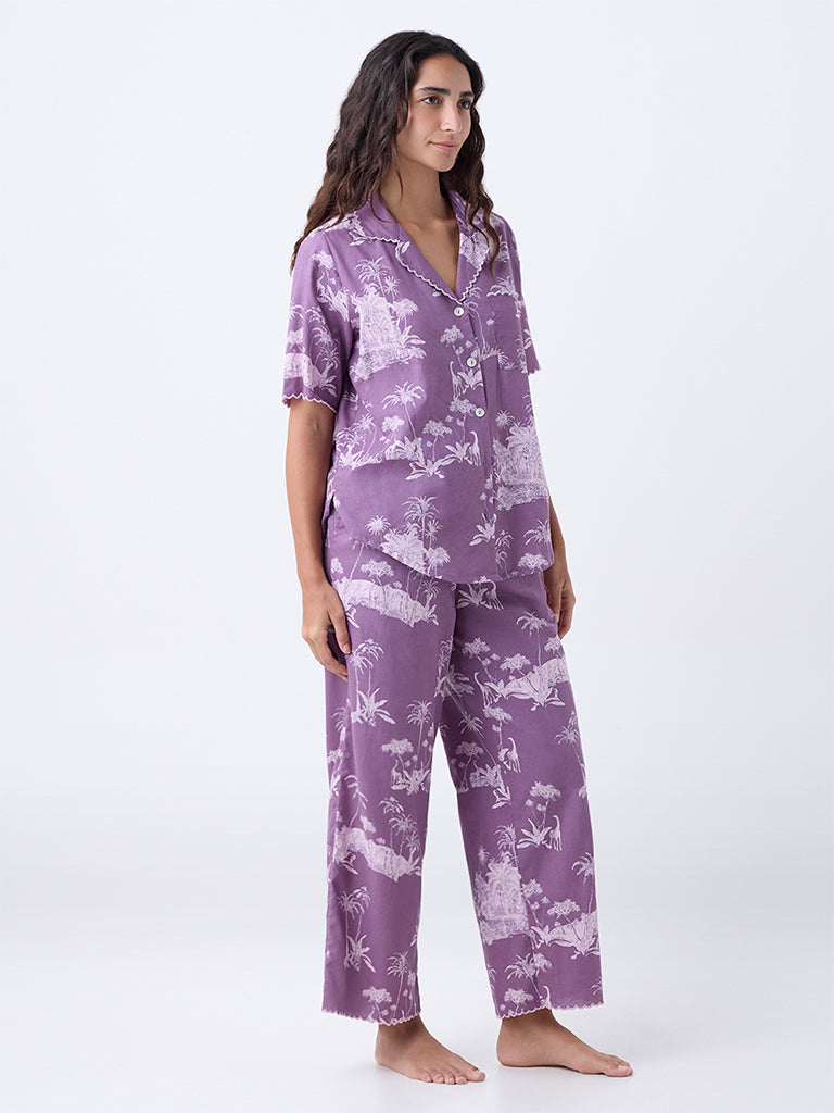 Wunderlove Lavender Tropical Printed Cotton Shirt and Pyjama Set