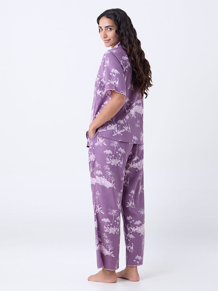 Wunderlove Lavender Tropical Printed Cotton Shirt and Pyjama Set