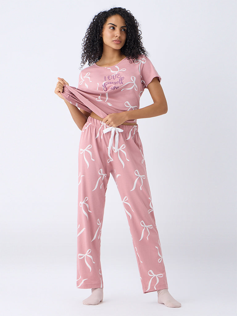 Wunderlove Blush Pink Cotton-Blend T-Shirt and Pyjama Set