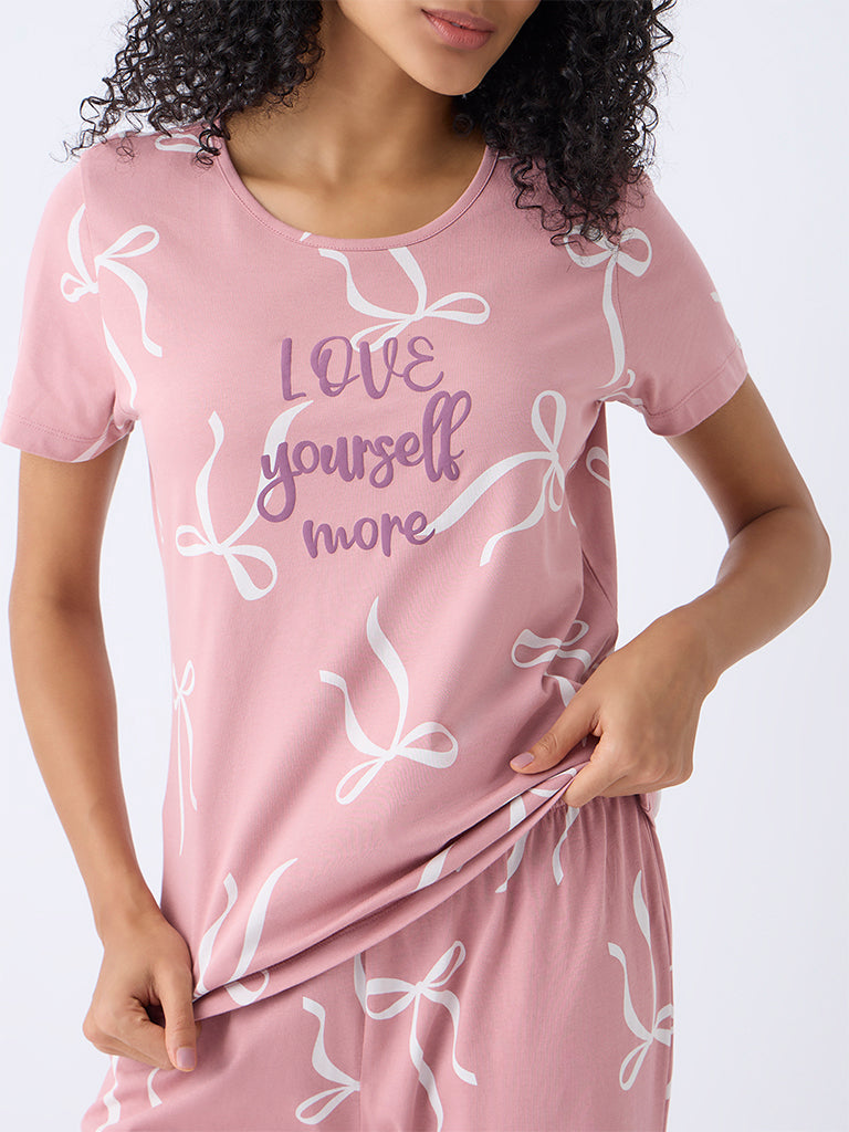 Wunderlove Blush Pink Cotton-Blend T-Shirt and Pyjama Set