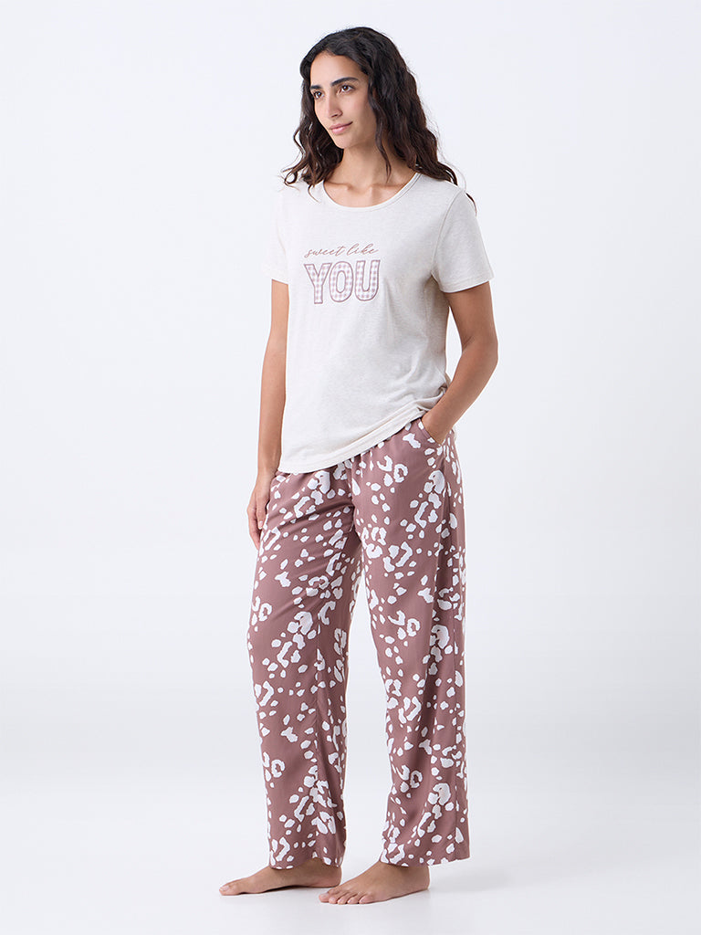 Wunderlove Dusty Brown Printed High-Rise Cotton Pants