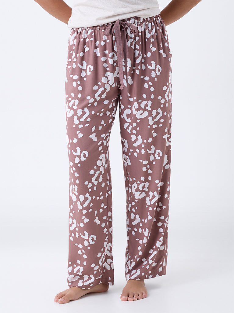 Wunderlove Dusty Brown Printed High-Rise Cotton Pants