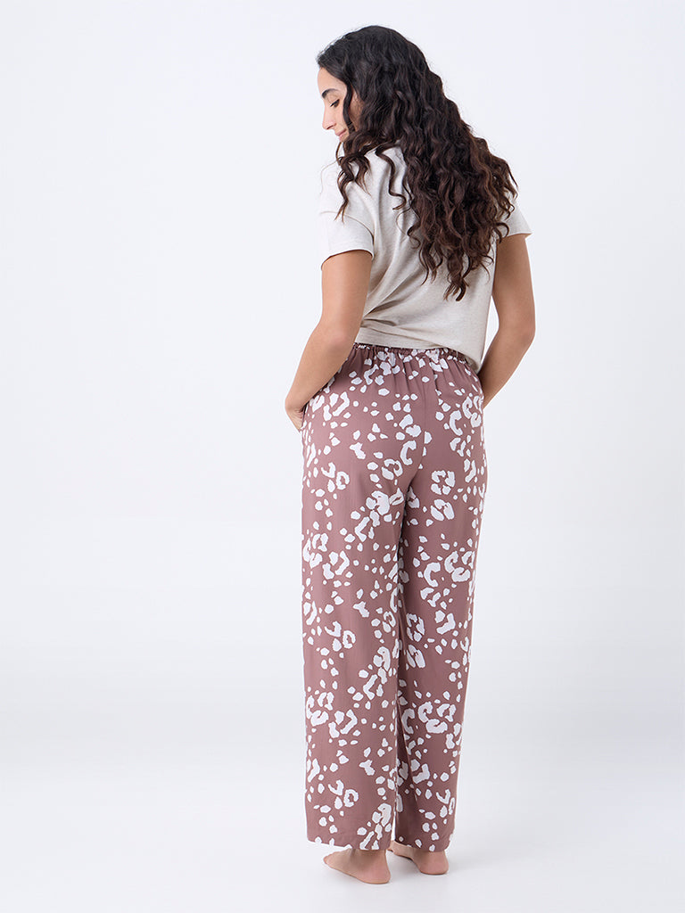 Wunderlove Dusty Brown Printed High-Rise Cotton Pants