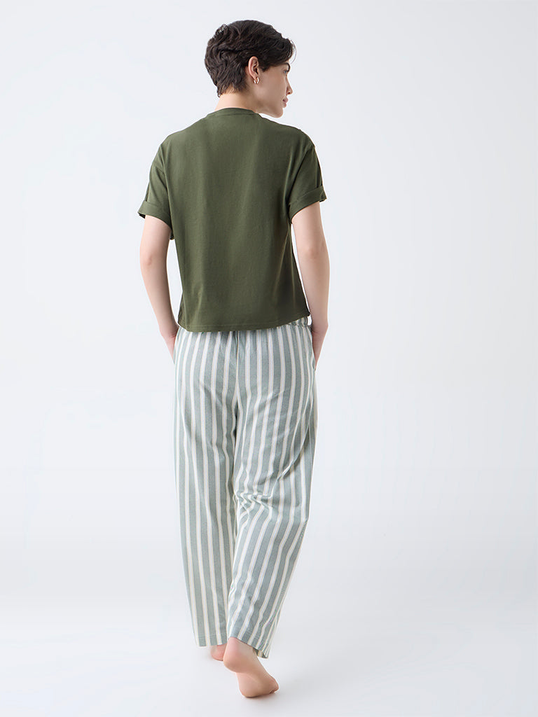 Wunderlove Green Striped Cotton High-Rise Lounge Pants