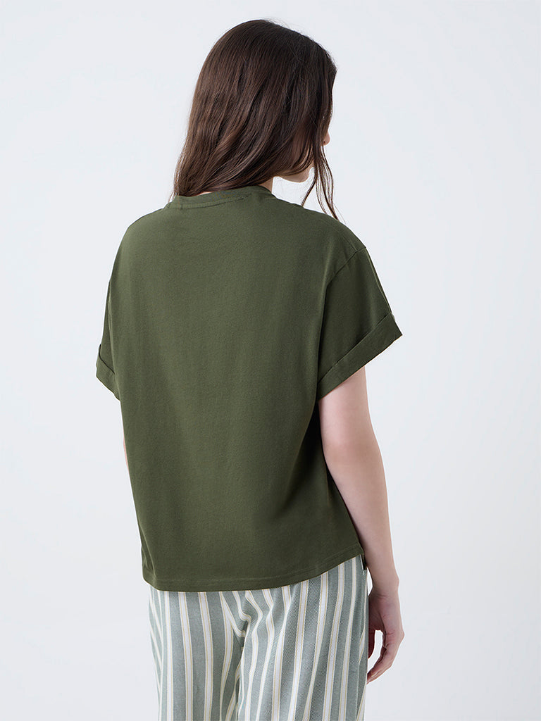 Wunderlove Dark Olive Solid Cotton T-Shirt